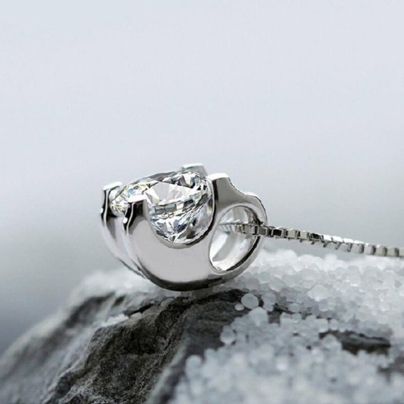 925 Sterling Silver Solitaire Diamond Necklace B - Picture 3 of 5